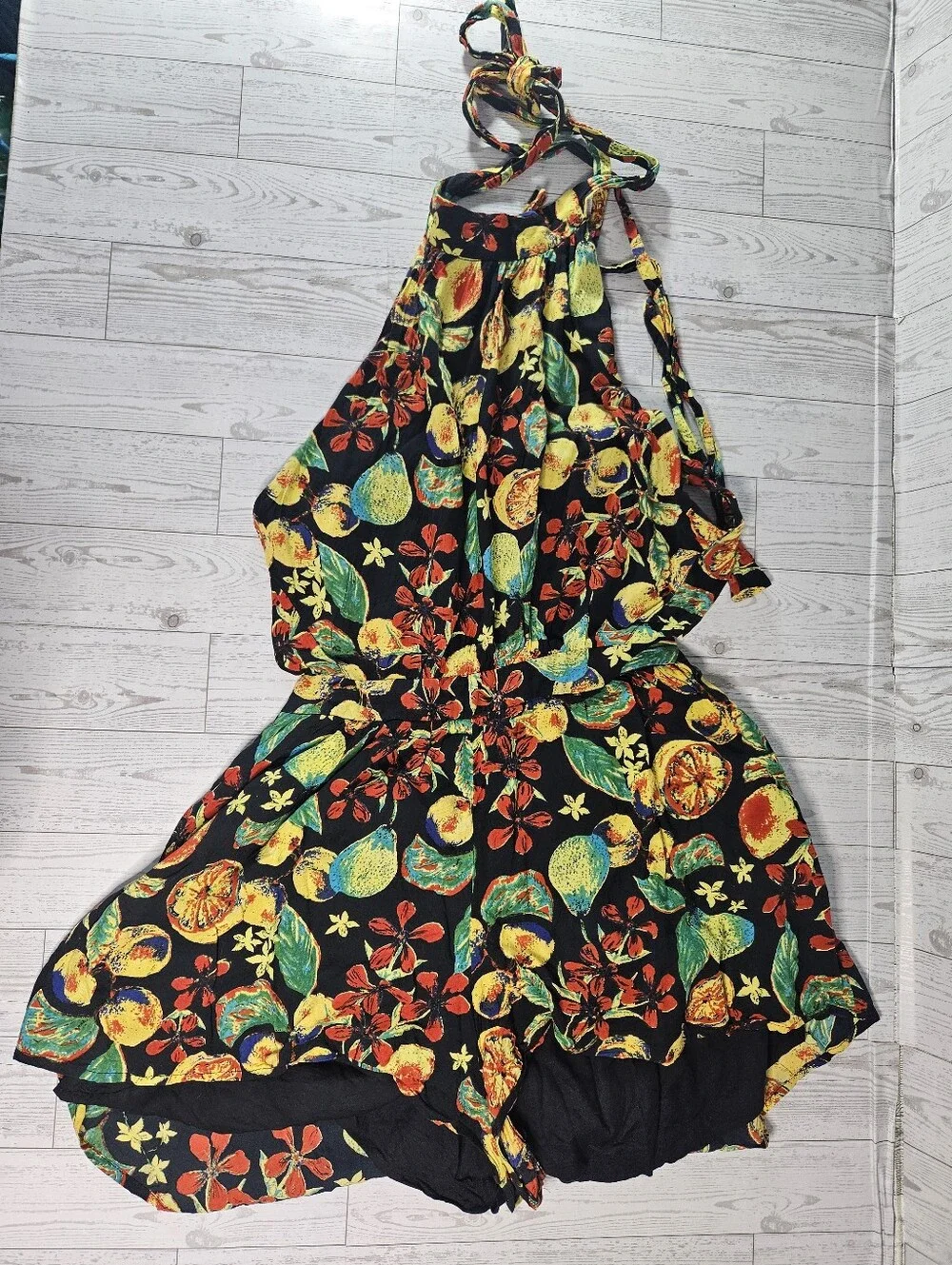 Free People Romper Womens XS Black Yellow Coral Tides Halter Fruit Floral Casual